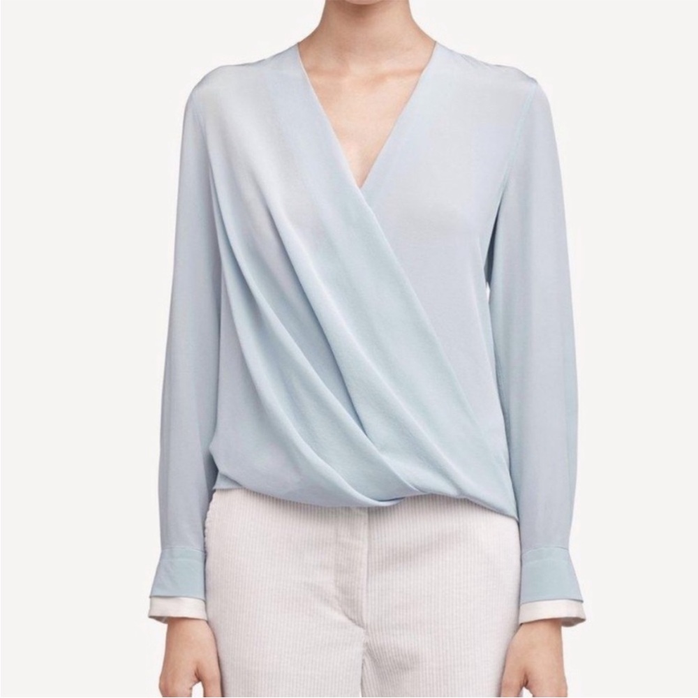 $350 RAG & BONE Victor Silk Surplice Wrap Blouse, Size S, Soft Grey/Blue